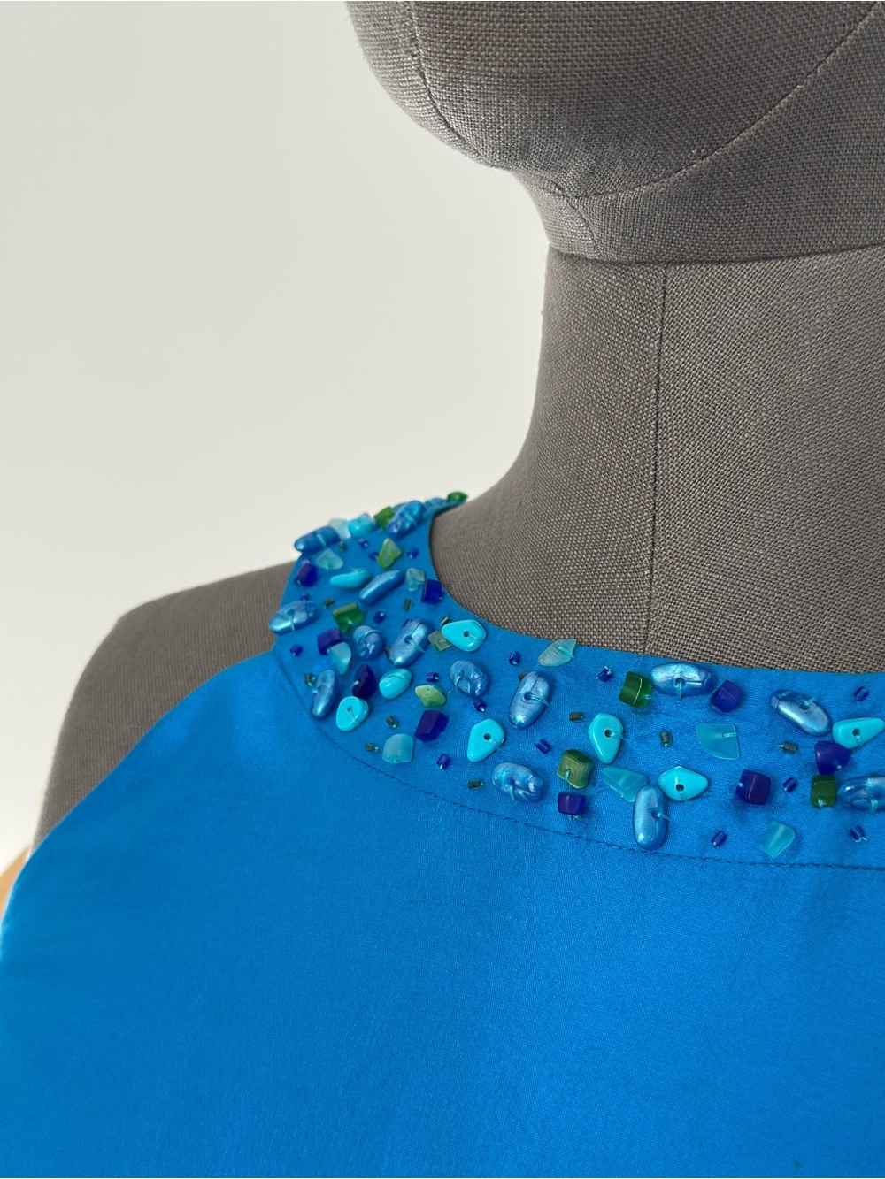 Silk Turquoise Sleeveless Beaded Dress Tulip Skirt - Picture 4 of 17